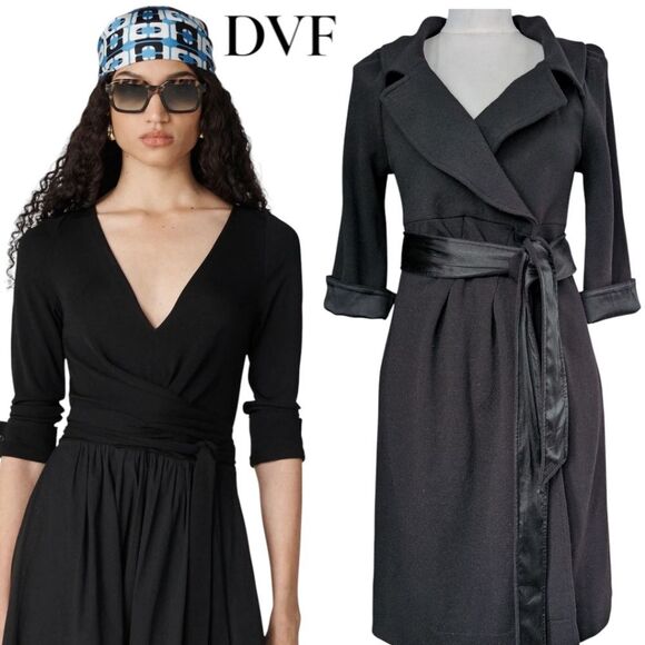 DVF Black Wool Blend Black Wrap Dress KNEE LENGTH XS - Picture 1 of 7